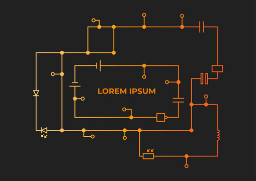 Template of a circuit drawing with inscription on a dark background. Background illustration for scientific and technical articles.