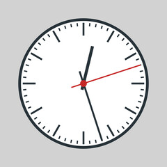 Round analogue clock with red second hand and white dial. Vector EPS10.
