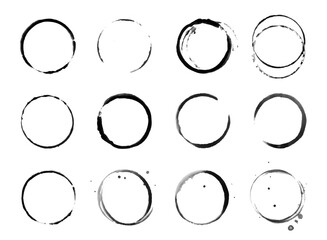 Coffee cup circle black vector stains. Round ring grunge stain. Wet cup mark and splatter. Black ink circle stains. Bottle glass or water drink marks