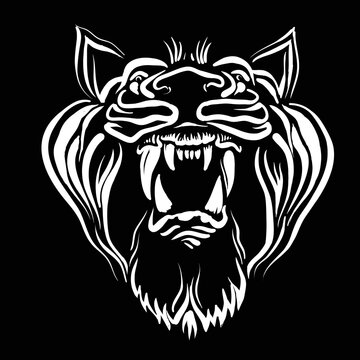 The Vector logo lion for tattoo or T-shirt print design or outwear.  Hunting style lions background. This drawing would be nice to make on the black fabric or canvas
