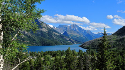 Elevated view of Upper Waterton Lake and mountains - 524730616