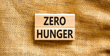 Zero hunger symbol. Concept words Zero hunger on wooden blocks on a beautiful canvas table canvas background. Businessman hand. Business, support and Zero hunger concept. Copy space.