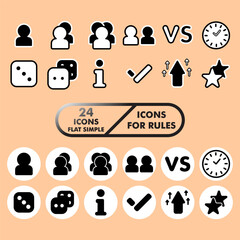 flat simple vector illustration. board game rules icons set includes icon: one player, two players, three players, die, clock, information, clock, confrontation on a beige background, 24 pieces.