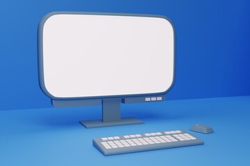 Desktop computer in 3D space with white blank screen. Mockup for design.