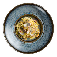 spaghetti with vongole in wine sauce isolated on white background top view