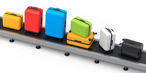 Airport luggage conveyor belt or manufacture line with baggages on white.