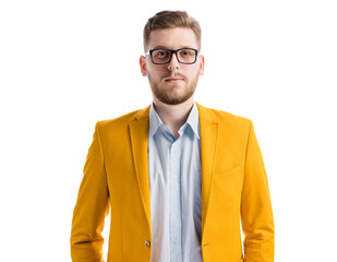 Portrait of confident young man with beard in stylish yellow jacket standing in studio. Portrait of...