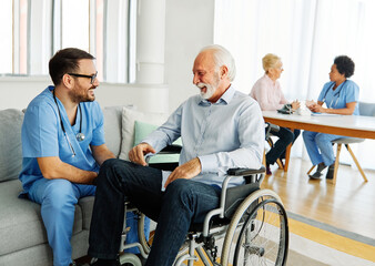 nurse doctor senior care caregiver help assistence wheelchair retirement home nursing elderly man...