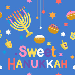 Sweet Hanukkah seamless pattern Happy Hanukkah celebration card with menorah, David stars, sufganiyah, dreidel on blue background Vector illustration in flat cartoon style 