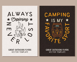 Camping flyer templates. Travel adventure posters set with line art and flat emblems and quotes - always camping never lost. Summer A4 cards for outdoor parties. Stock vector
