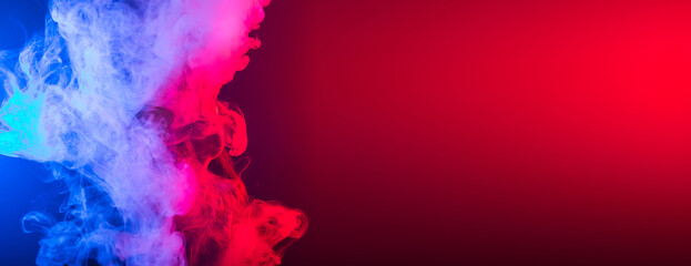 Banner smoke vape or e-cigarette in neon light at black background copy space