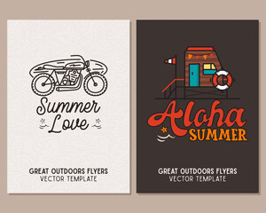Camping flyer templates. Travel adventure posters set with line art and flat emblems and quotes - Summer love. Summer A4 cards for outdoor parties. Stock vector