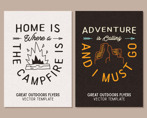 Camping flyer templates. Travel adventure posters set with line art and flat emblems and quotes - adventure is calling and i must go. Summer A4 cards for outdoor parties. Stock vector