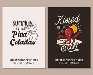 Camping flyer templates. Travel adventure posters set with line art and flat emblems and quotes - summer is for pina colada. Summer A4 cards for outdoor parties. Stock vector