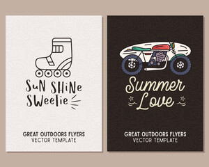 Camping flyer templates. Travel adventure posters set with line art and flat emblems and quotes - summer love with bicycle. Summer A4 cards for outdoor parties. Stock vector
