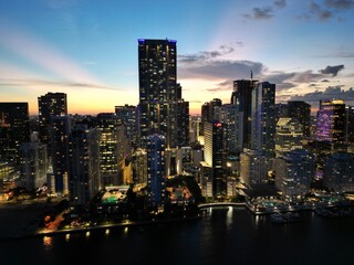 Miami downtown skyline by drone at sunset
