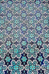 national patterns in the architecture of uzbekistan. photograph of a wall in a Tashkent mosque. national wall decoration with blue tiles in uzbekistan