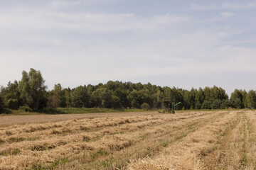 Fototapeta na wymiar Green combine harvester machine in field