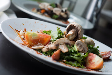 Salad with mushrooms. Mushroom soup. Toasted bread with mushrooms. roasted mushrooms