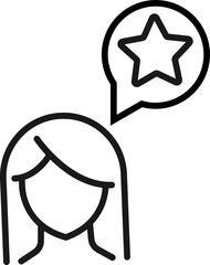 Thought and ideas of woman. Vector sign drawn with black thin line. Editable stroke. Suitable for sites, stores, books. Line icon of star inside of speech bubble by woman