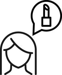 Thought and ideas of woman. Vector sign drawn with black thin line. Editable stroke. Suitable for sites, stores, books. Line icon of lipstick inside of speech bubble by woman