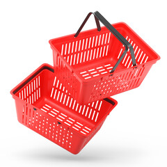 Set of plastic basket from supermarket for online shopping on white background.