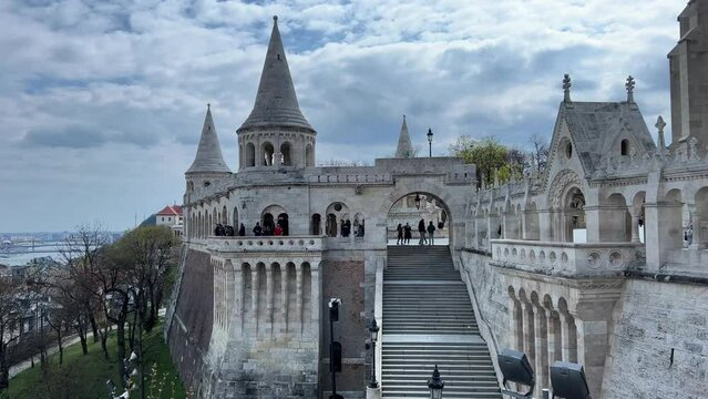 Fisherman's bastion attraction of the Buda castle white stone fortress with seven towers with the most beautiful view of the Danube and Pest 05.04.22 Budapest Hungary.