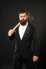 Well bearded and moustached. Bearded man carry hatchet. Axe shave and haircut. Barbershop