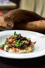 Salad with mushrooms. Mushroom soup. Toasted bread with mushrooms. roasted mushrooms