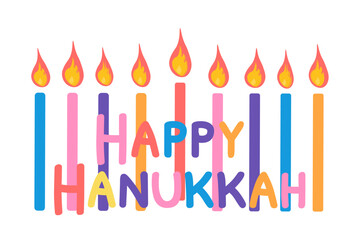Naklejka premium Happy Hanukkah celebration card. Colorful candles with flame and text isolated on white background. Vector illustration in flat cartoon style 