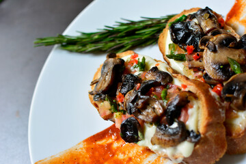 Salad with mushrooms. Mushroom soup. Toasted bread with mushrooms. roasted mushrooms