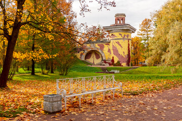 Ruin Tower in Catherine park in autumn, Tsarskoe Selo (Pushkin), St. Petersburg, Russia