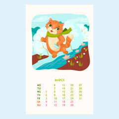 Calendar for 2023 with cute cats. Kitten plays with paper boats. Pets. Furry friends. March calendar in cartoon style. Vector illustration.