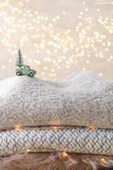 Toy car with a christmas tree, bokeh background