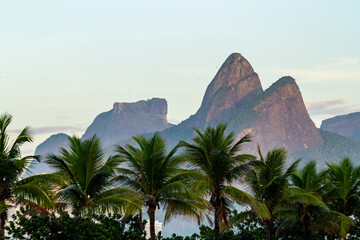 Fototapeta na wymiar ipanema beach with two hill brother and gavea stone in Rio de Janeiro, Brazil.