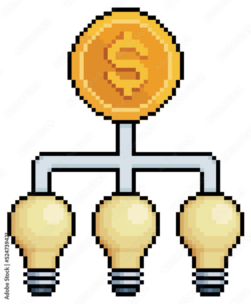 Poster pixel art coin connected in light bulbs. financial investment idea vector icon for 8bit game on whit