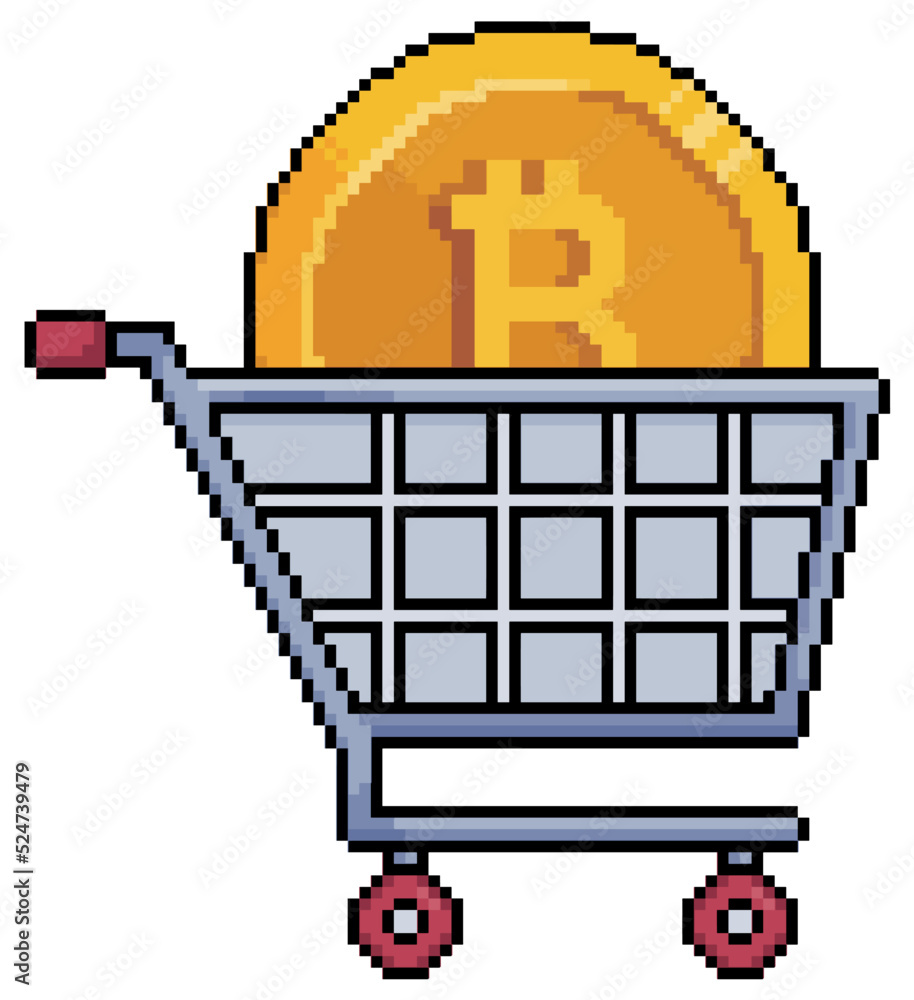Poster pixel art shopping cart with bitcoin vector icon for 8bit game on white background