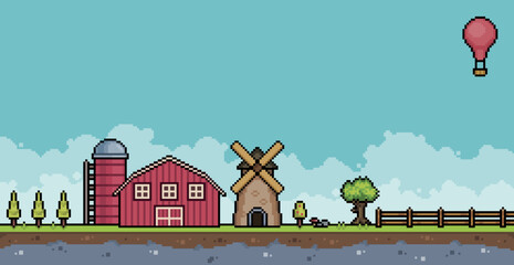 Pixel art farm landscape with barn, mill, silo, fence, trees background vector for 8 bit game
