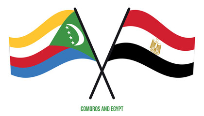 Comoros and Egypt Flags Crossed And Waving Flat Style. Official Proportion. Correct Colors.