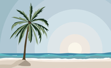 tropical beach landscape with palm and ocean vector illustration