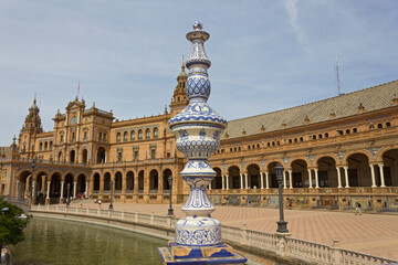 Fototapeta na wymiar Closeup of a ceramic balustrade in Plaza de España (Spain Square), Seville, Spain.