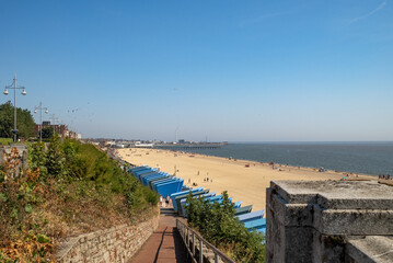 Fototapeta na wymiar A view over Lowestoft beach on the Suffolk coast. Captured from the cliff top on a bright and sunny morning