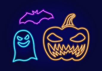 Collection of Halloween symbolism. Neon ghost, bat and pumpkin. Neon lines. Vector illustration