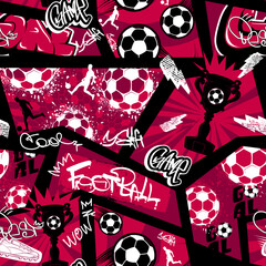 Abstract seamless football pattern with soccer ball,  players men silhouette, grid, graffiti words. grunge sport wallpaper. Sportish repeated backdrop for boy,  textile, clothes, wrapping paper.