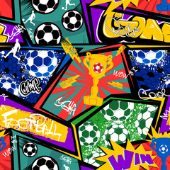 Fototapeta premium Abstract seamless football pattern with soccer ball, geometric Grunge background, comics style cell, players men silhouette, grid, Win, Goal words drawing in graffiti style. grungy sport repeat print