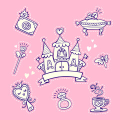 Set of princess stickers on pink background. Illustration castle, magic wand, photo camera, cartoon muscle, ring, cup of tea, a shoe on a cushion on a chair. Funny girlish cartoon signs.