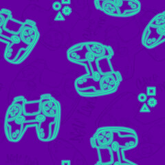 Neon gamepads repeat print for sport textile, fashion clothes, wrapping paper. Game pads seamless pattern on purple background.