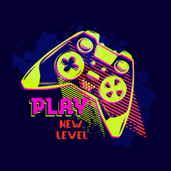 Neon Game pad illustration drawing in 80s style. Gamepad on dark blue didital background with text Play, New level.
