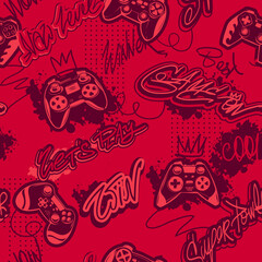 Abstract seamless pattern with gamepads and slogans on Red Grunge background with digital geometric elements end dots. Grunge gaming repeat print for sport textile, fashion clothes, wrapping paper.