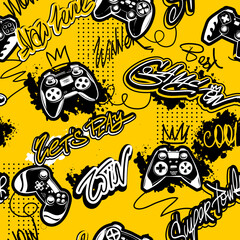 Abstract seamless gamepads pattern. Game pads repeat print on graffiti yellow endless background. Street art style Text Game on, let's Play. Gaming repeated wallpaper for boy clothes, sport textile © Kseniia Koval